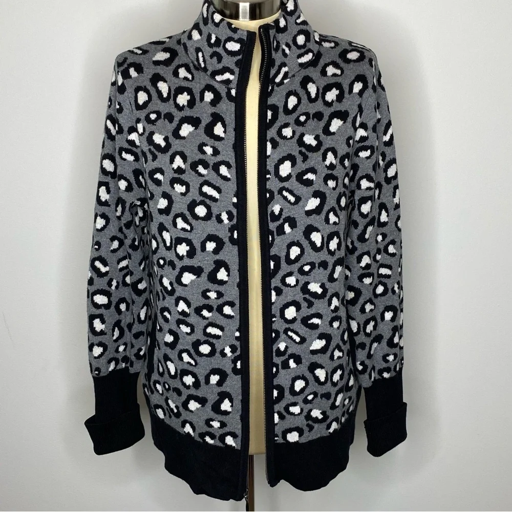 Rachel Zoe Grey and Black Leopard Full Zip Front Sweater Cardigan
